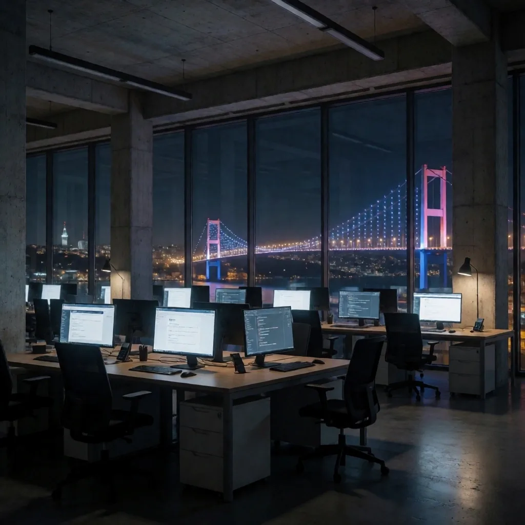 İstanbul gece ofis iç mekanı, Boğaz manzaralı geliştirici çalışma alanı