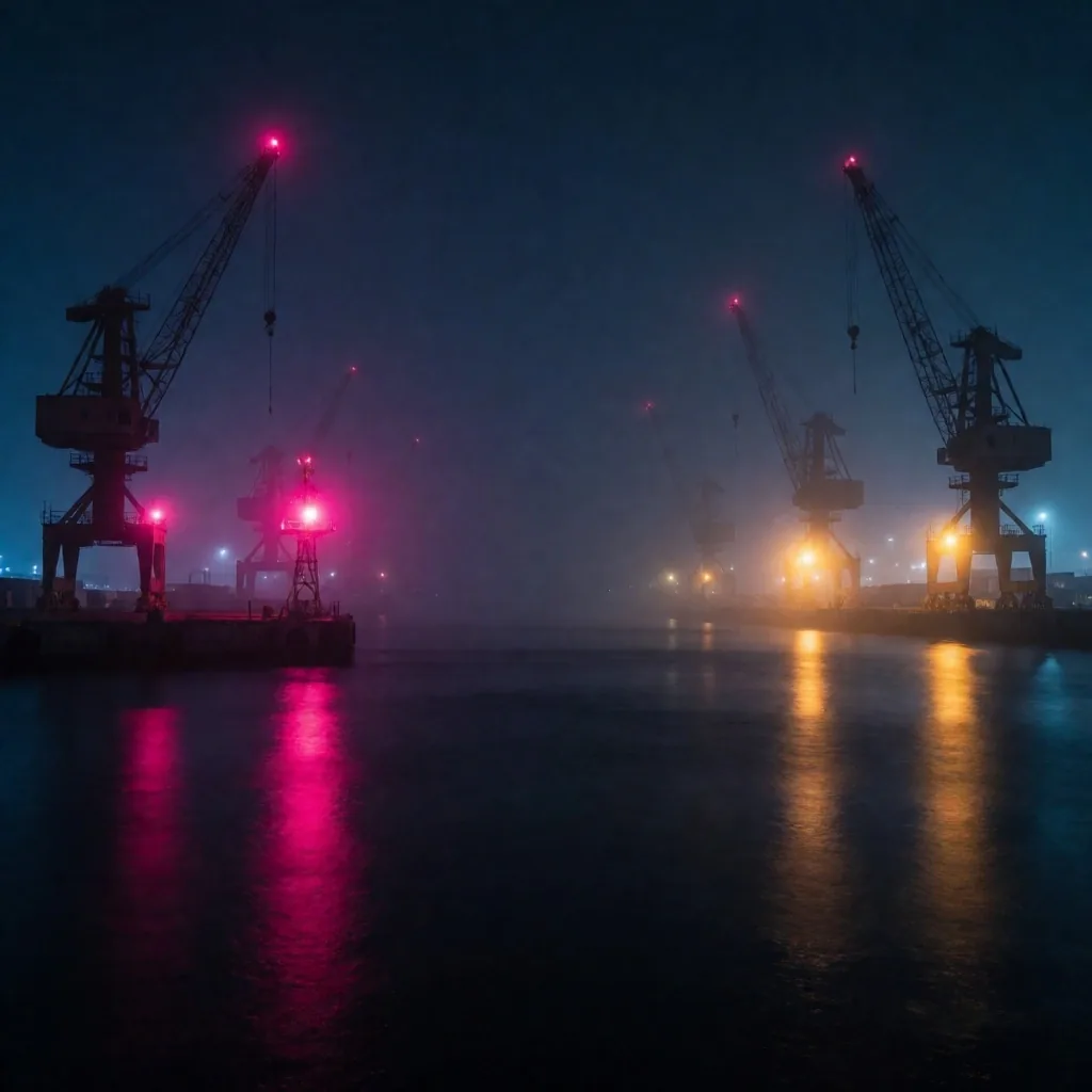 İstanbul Boğazı gece limanı, sis ve vinç ışıkları